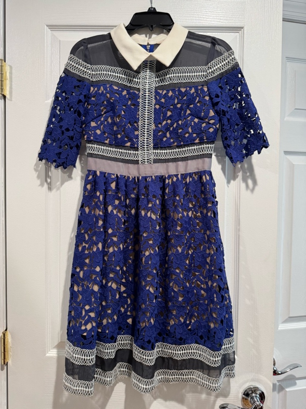 Self Portrait Style Blue Lace A-Line Dress with Contrast Collar